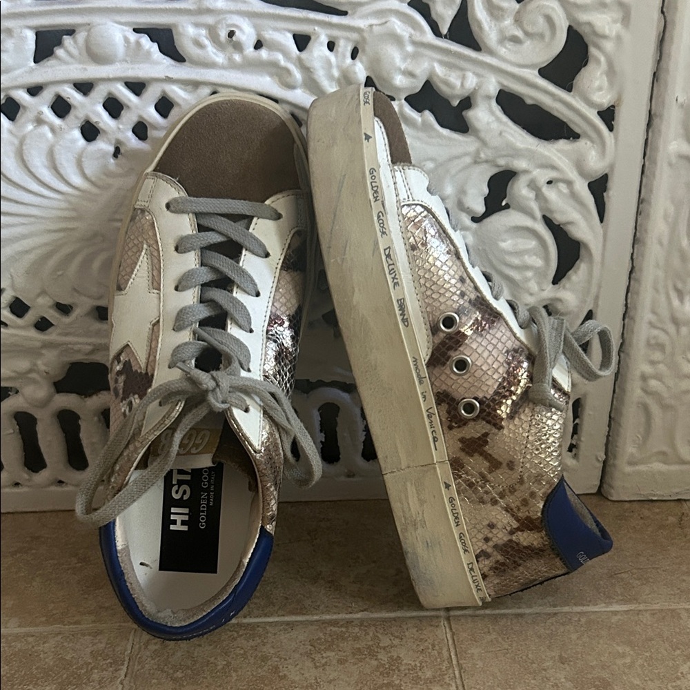 Golden Goose Metallic Snakeskin Sneakers with Blue Accents